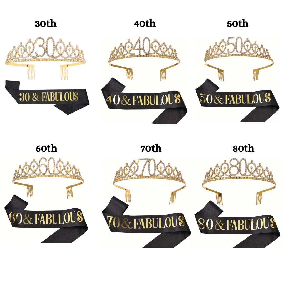 2pcs 30th 40th 50th 60th 70th 80th Birthday Sash and Crown