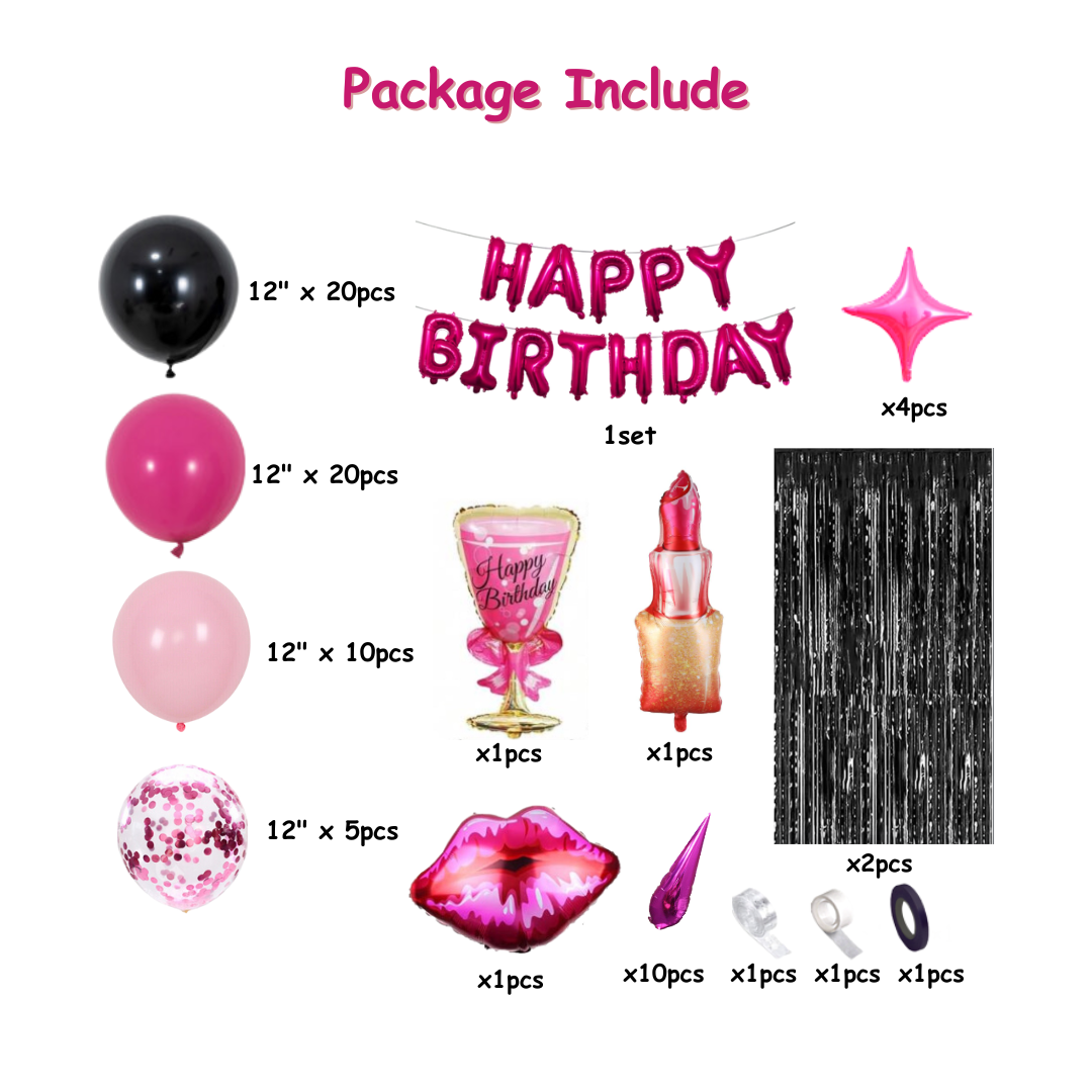 78pcs Hot Pink and Black Birthday Decorations with Banner, Foil Curtains