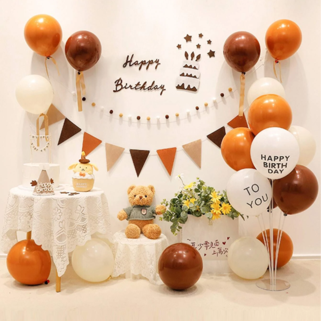 32pcs Brown and Orange Birthday Decorations Set with Flag and Banner