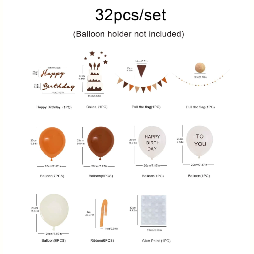 32pcs Brown and Orange Birthday Decorations Set with Flag and Banner
