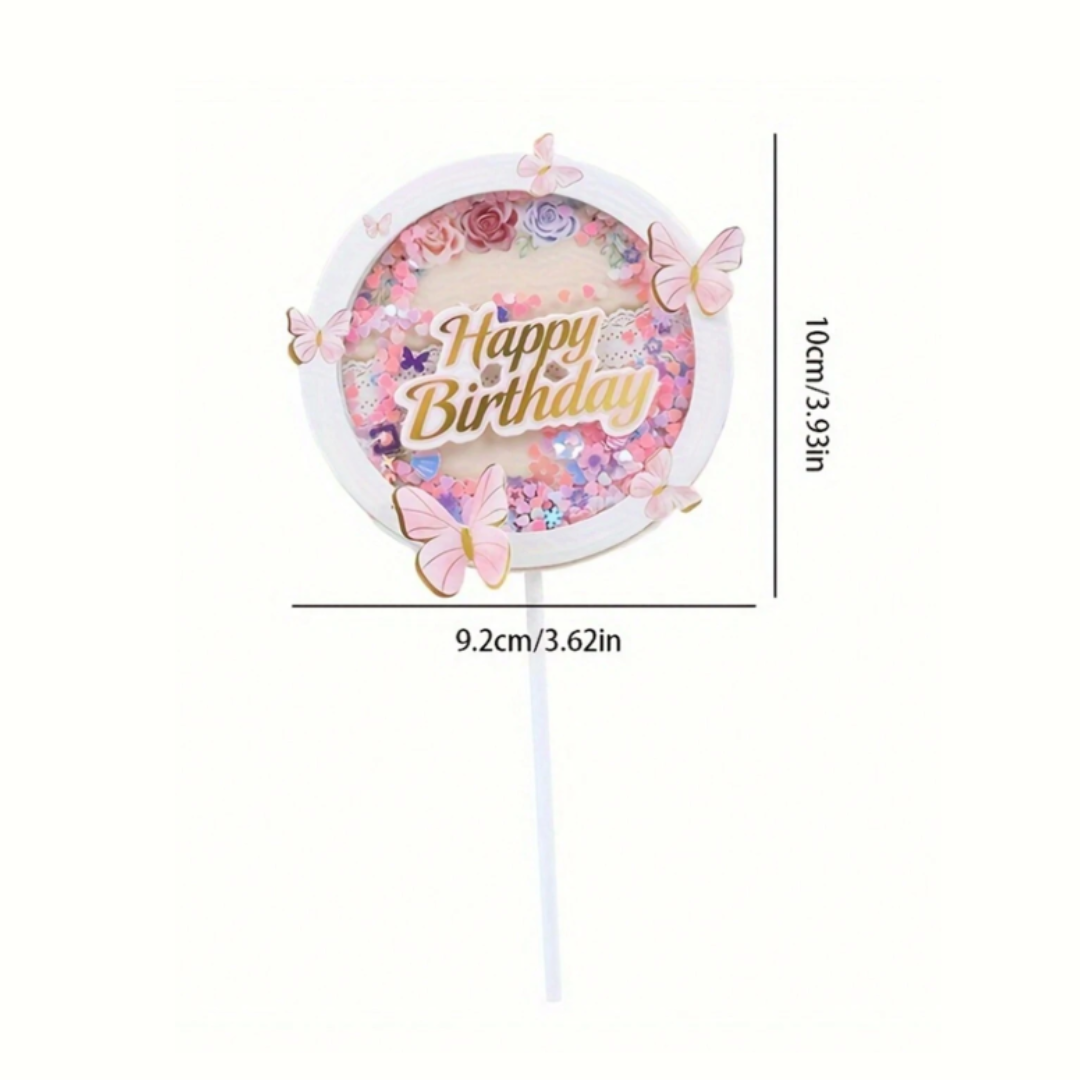 Pink Glitter Butterfly Theme Round Shaped Cake Topper