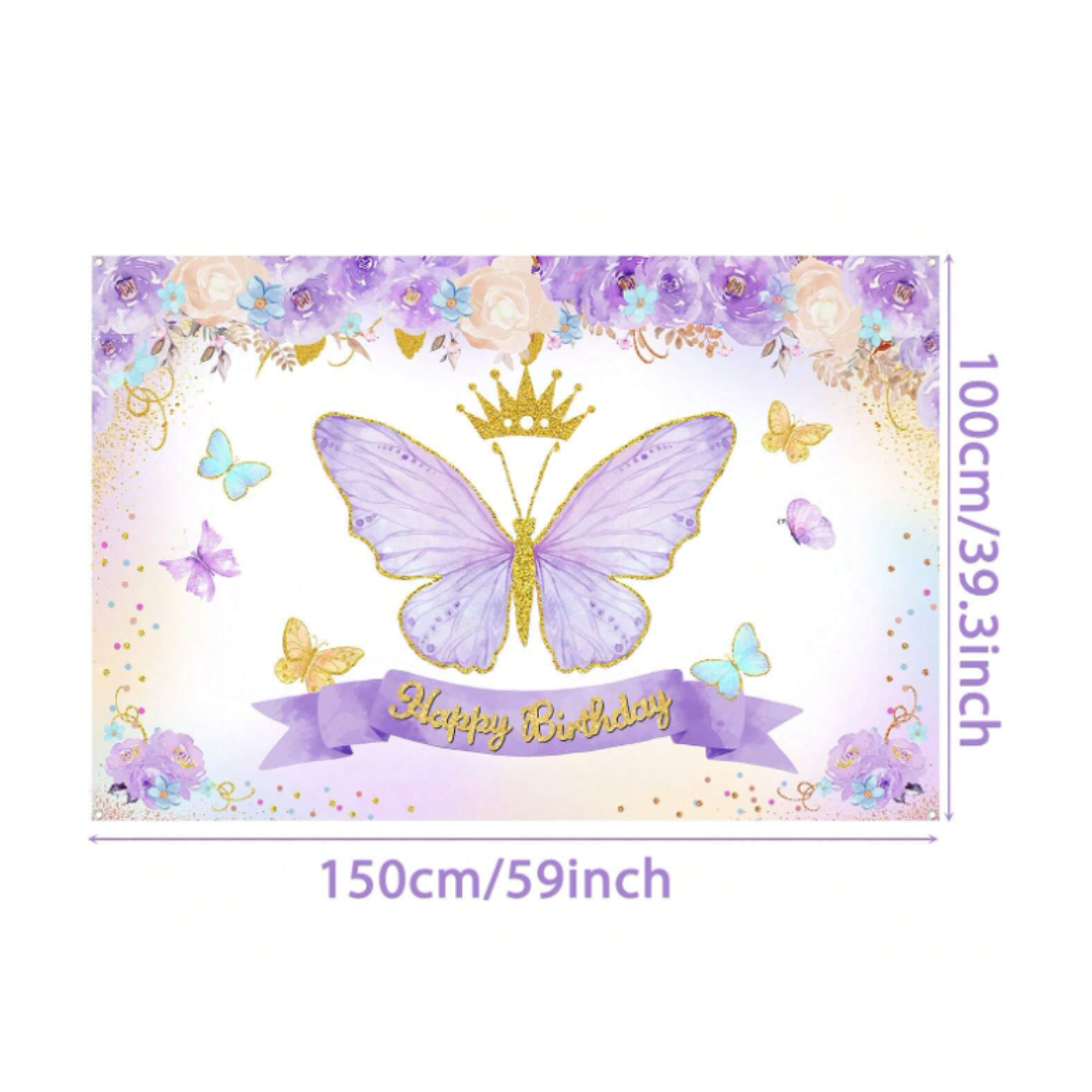 Purple Butterfly Flower Birthday Backdrop