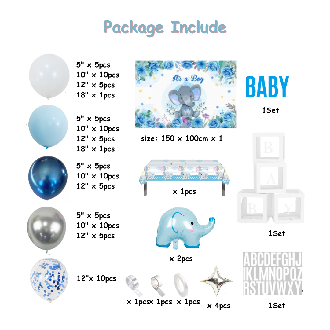 116pcs Baby Boy Blue Elephant Baby Shower Balloons