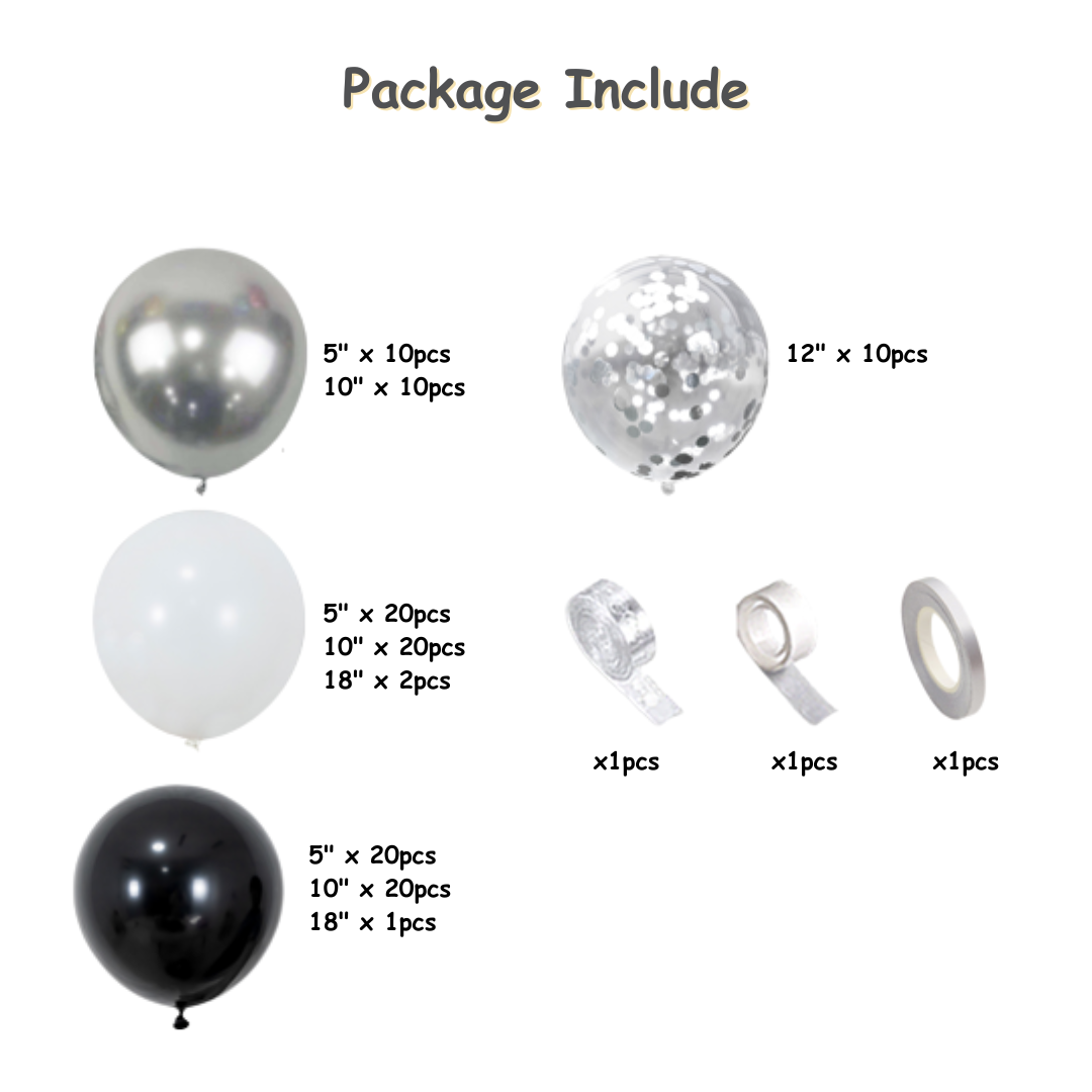 116pcs Black and Silver Balloon Garland Kit