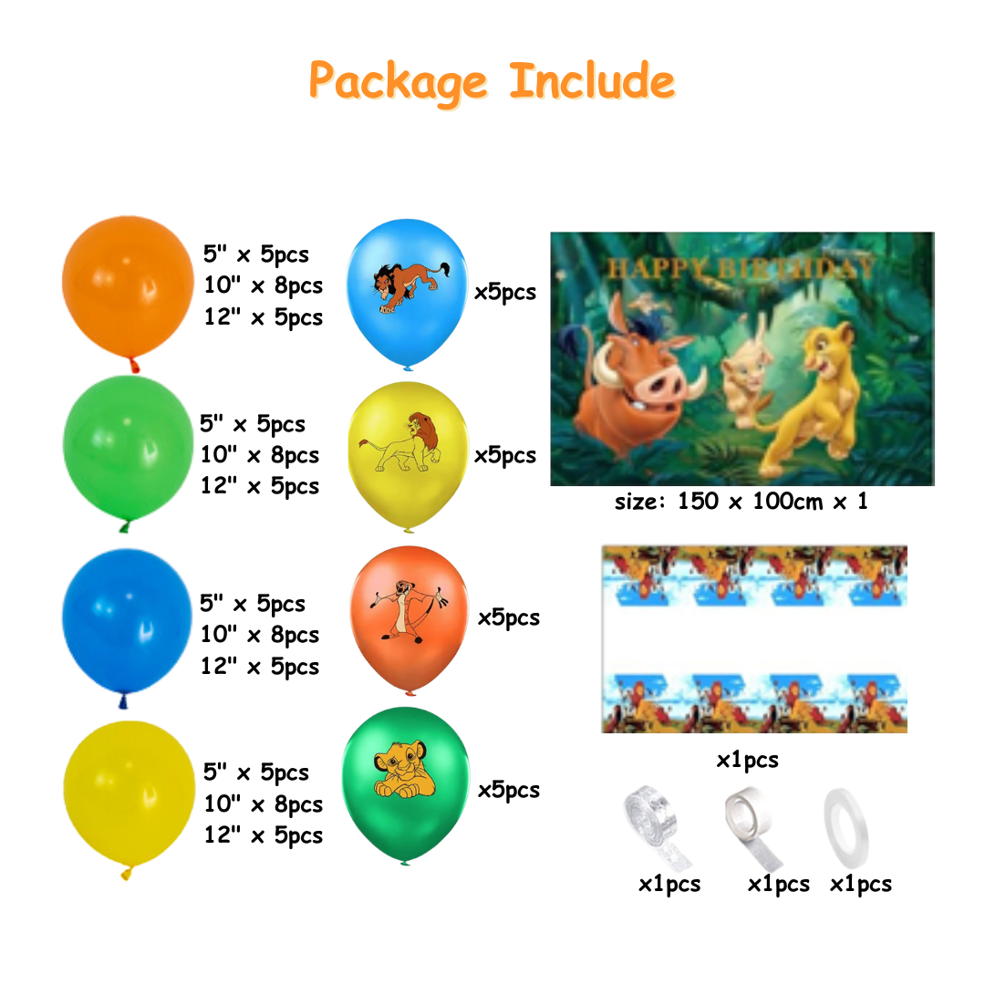 97pcs Lion King Balloons Garland Kit with Backdrop and Table Cover