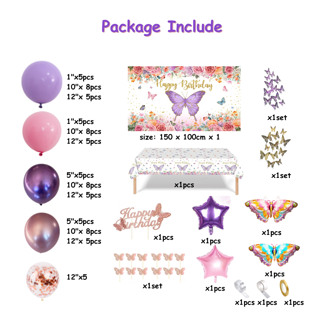90pcs Purple Butterfly Balloons Garland Arch Kit with Backdrop and Table cover