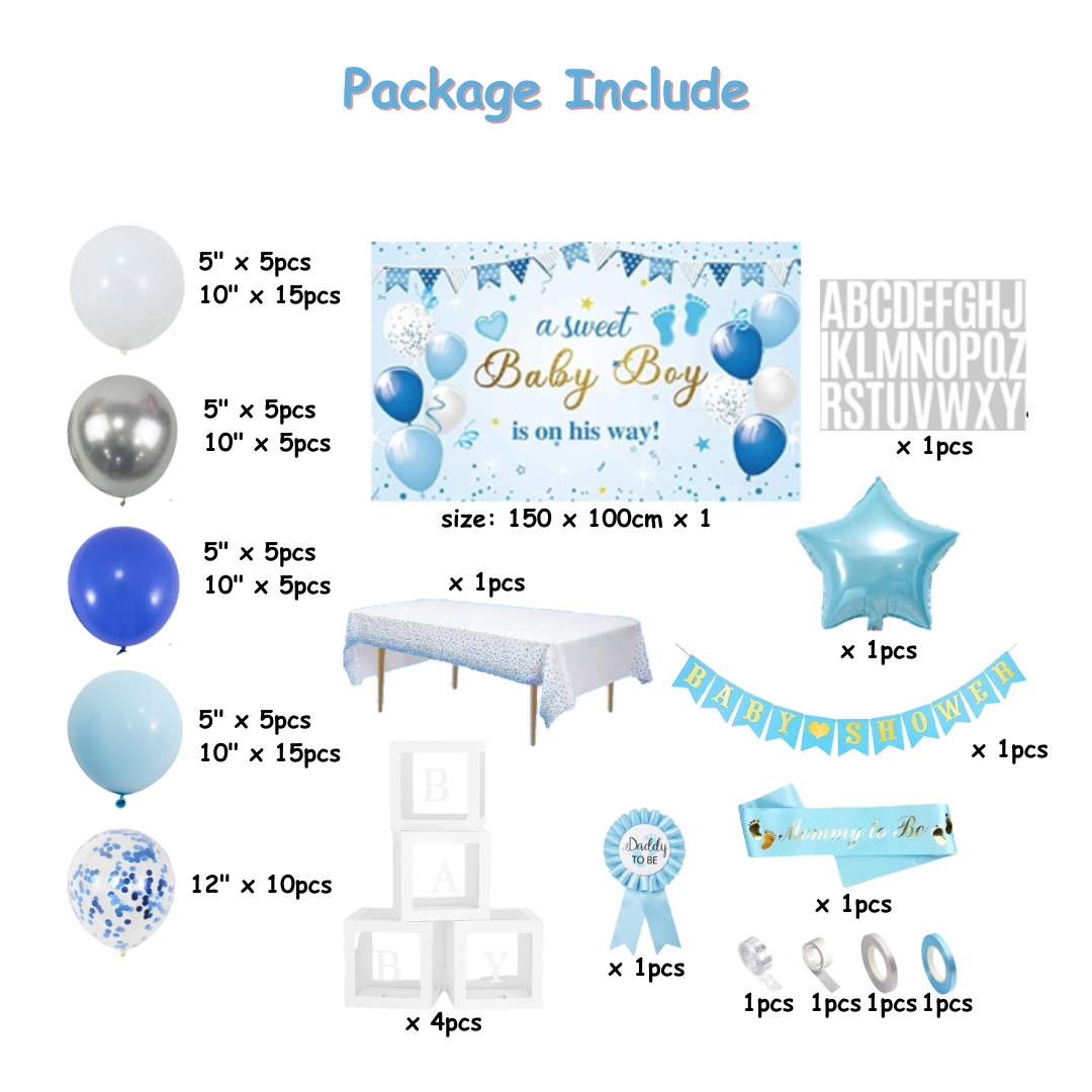 98pcs Baby Boy Blue Baby Shower Balloons with Backdrop and Table Cover