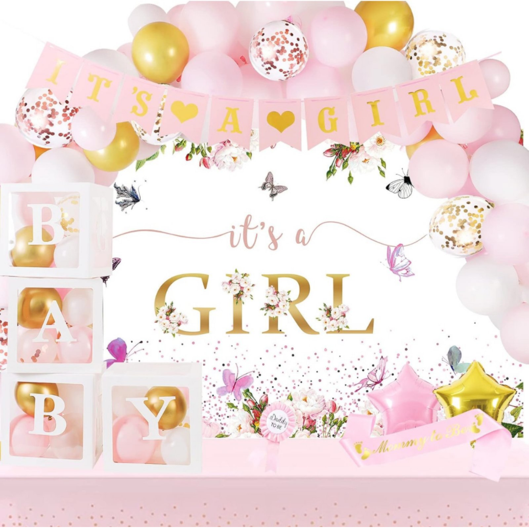 98pcs Girl Pink Baby Shower Balloons with Backdrop and Table Cover