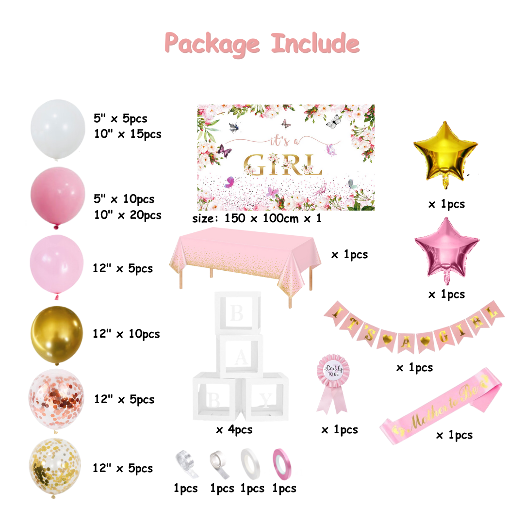 98pcs Girl Pink Baby Shower Balloons with Backdrop and Table Cover