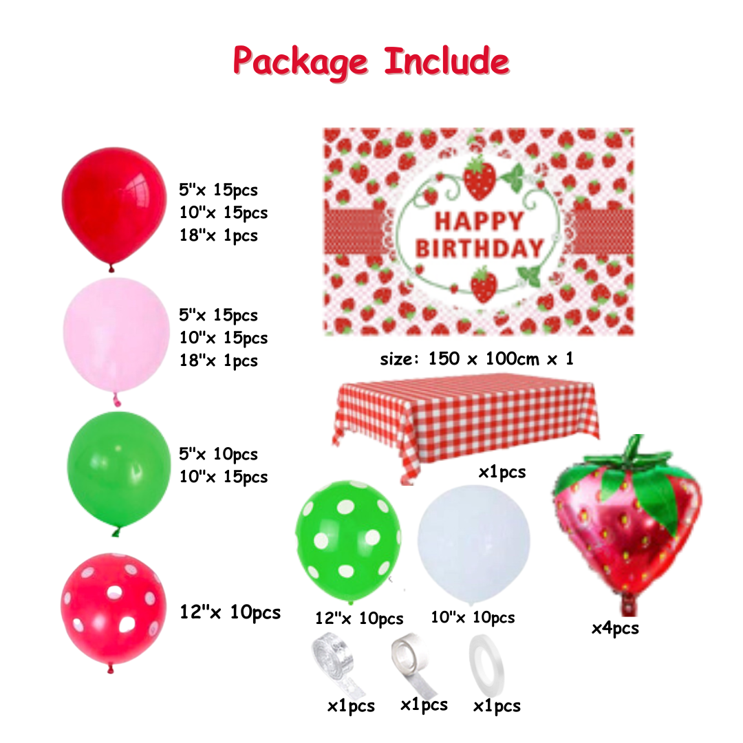 126pcs Strawberry Theme Balloon Garland Kit with Backdrop and Table Cover