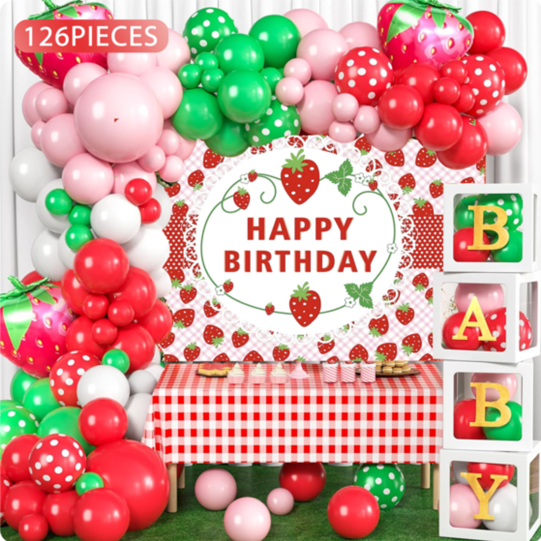 126pcs Strawberry Theme Balloon Garland Kit with Backdrop and Table Cover