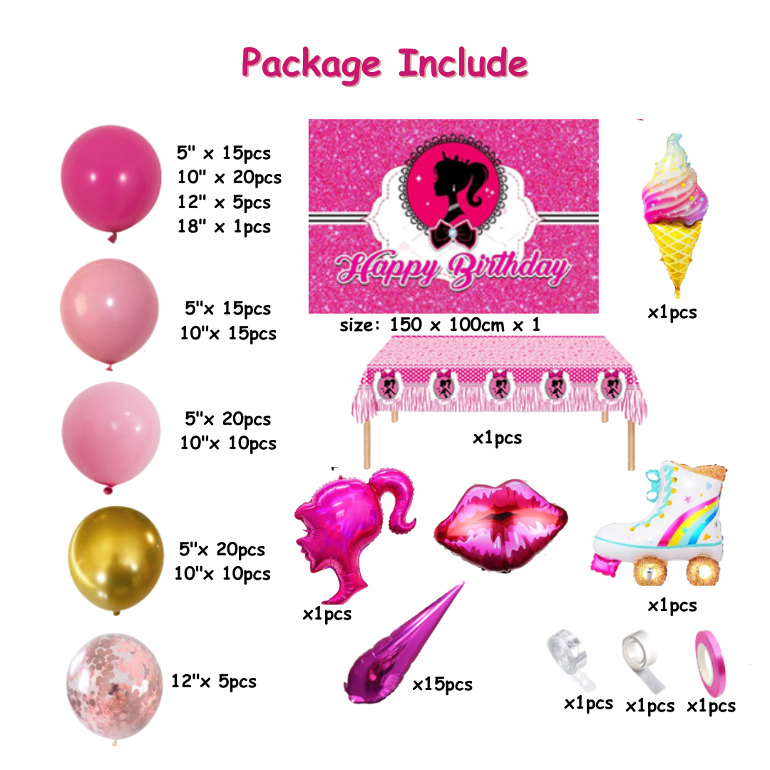 145pcs Hot Pink Barbie Birthday Decorations with Backdrop and Table Cover