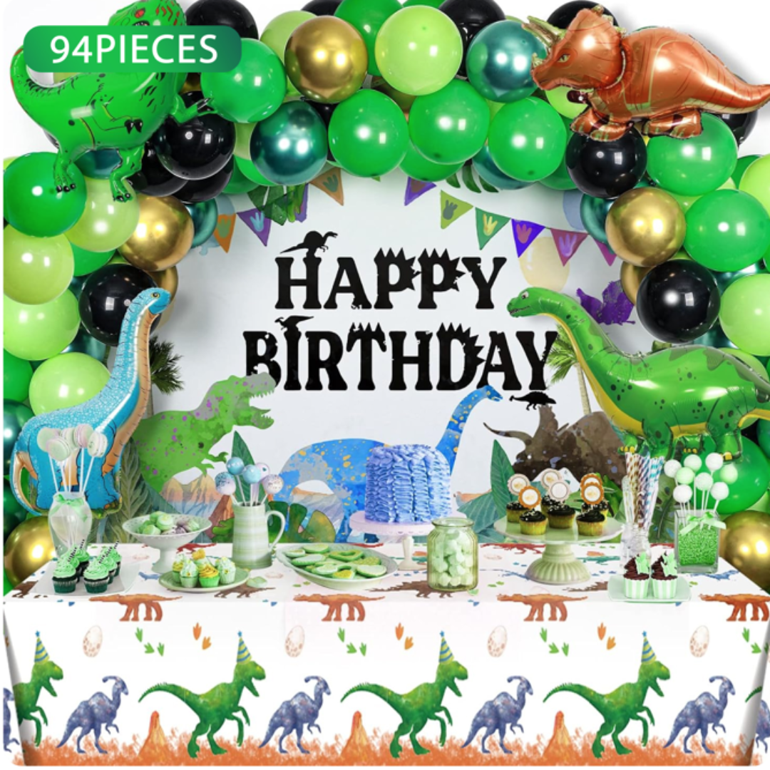 94pcs Green Dinosaur Birthday Decorations with Backdrop and Table Cover