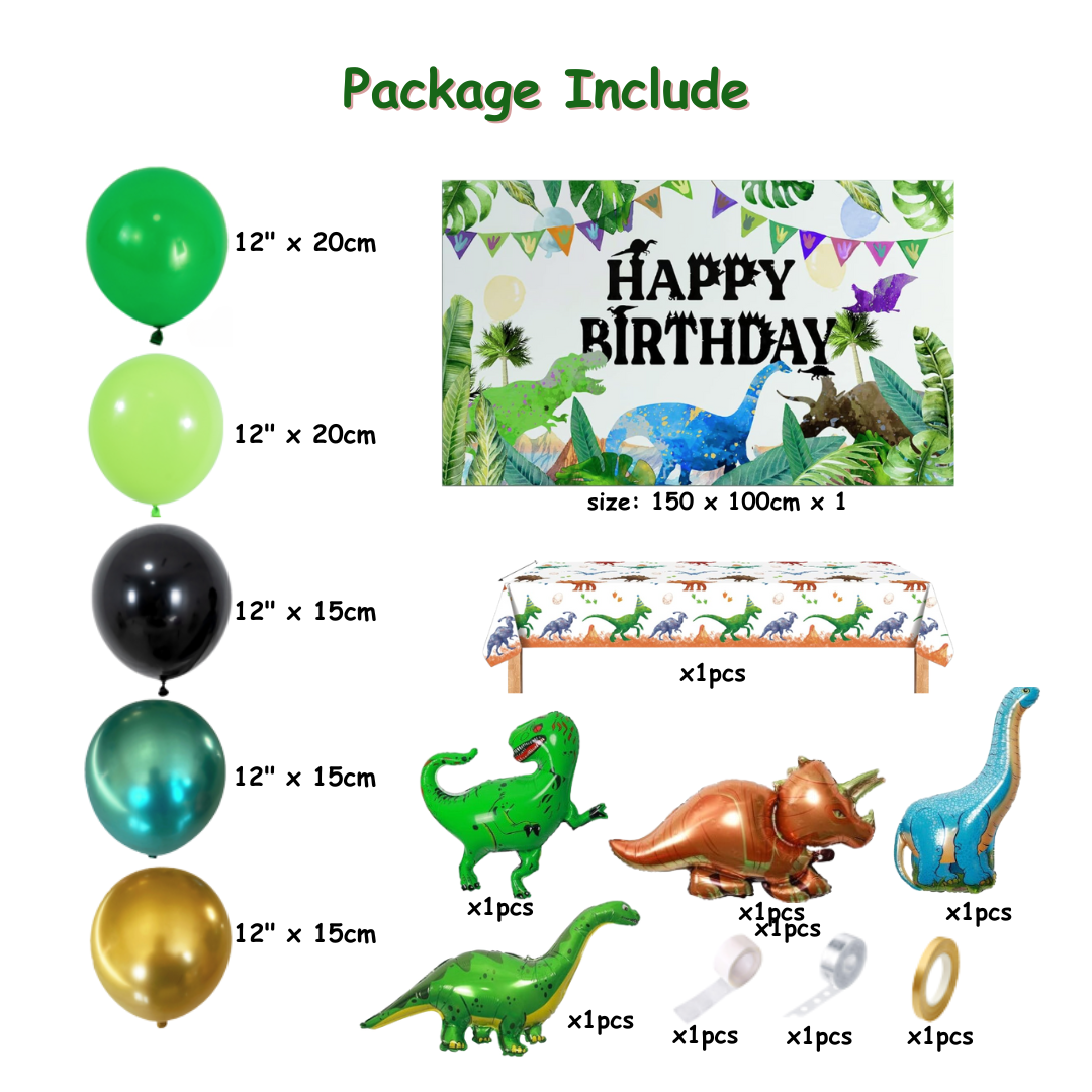 94pcs Green Dinosaur Birthday Decorations with Backdrop and Table Cover