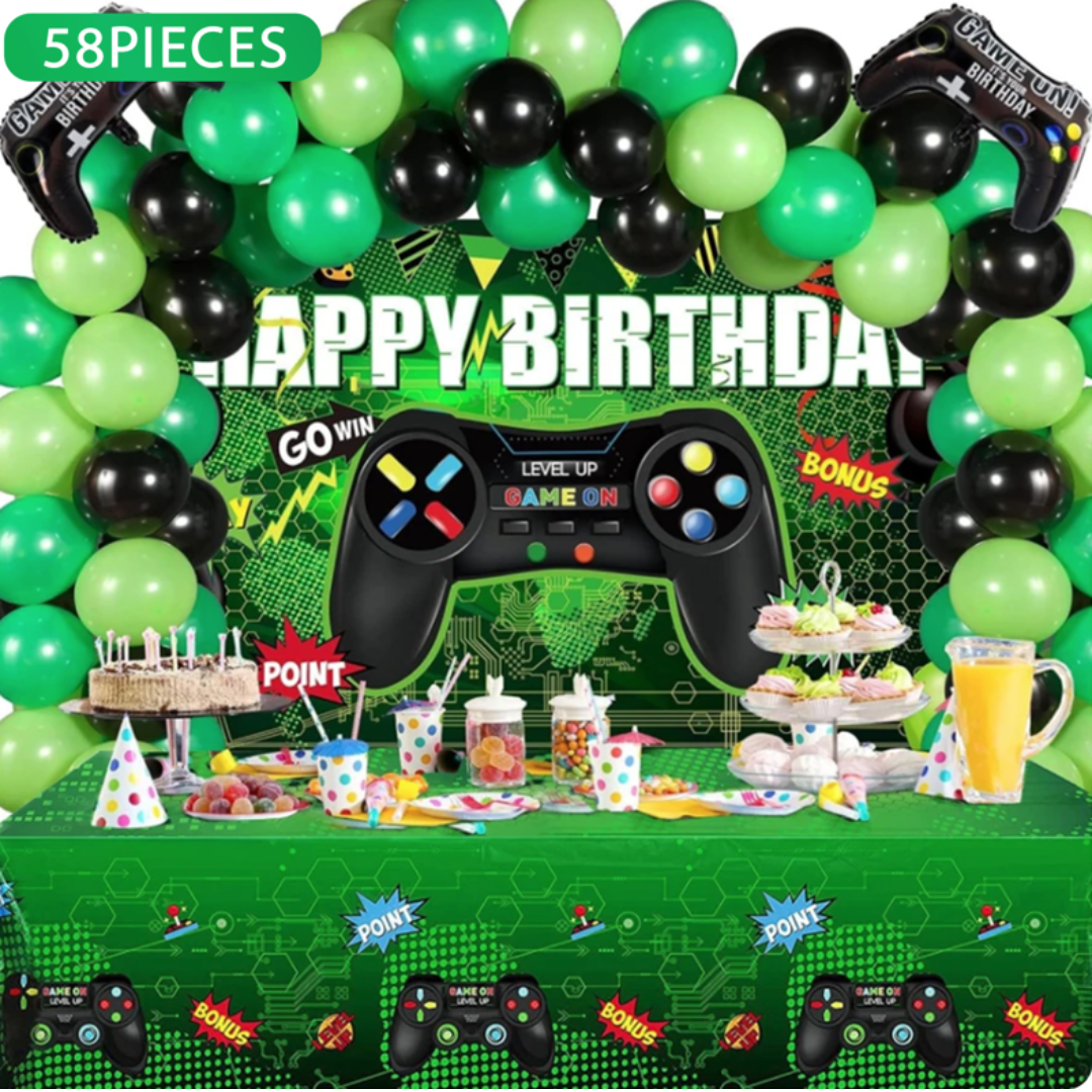 58pcs Green Game On Theme Birthday Decorations with Backdrop and Table Cover