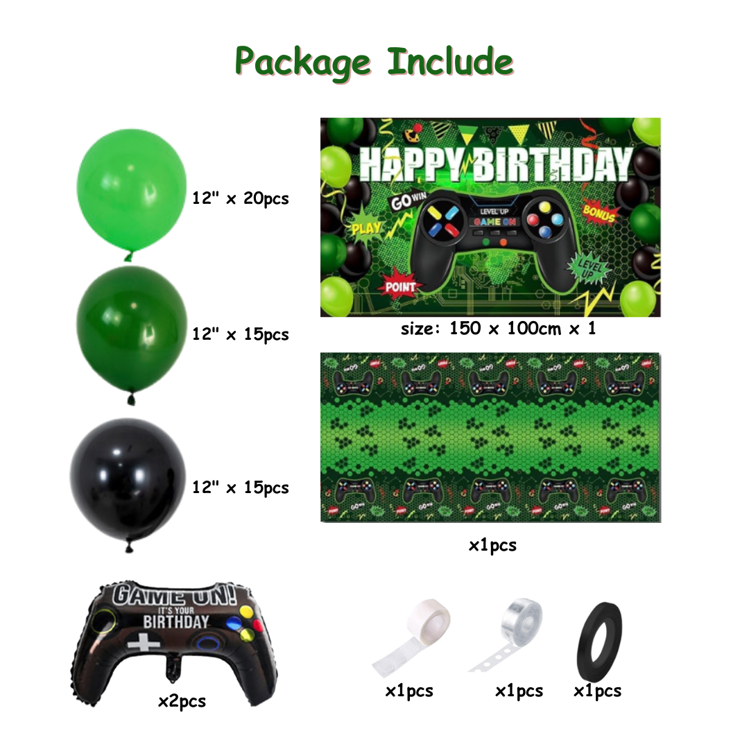 58pcs Green Game On Theme Birthday Decorations with Backdrop and Table Cover