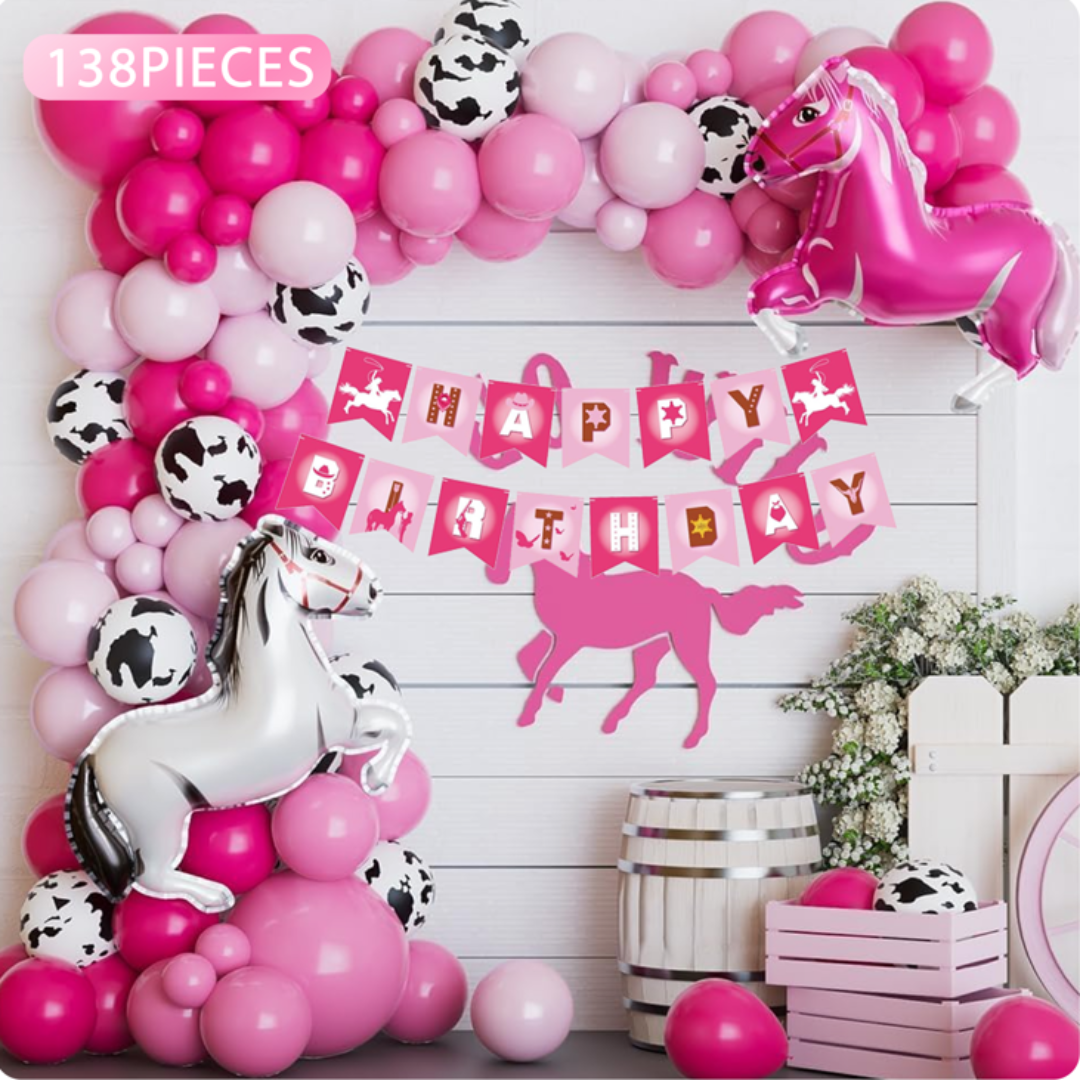 138PCS Cowgirl Pink Balloon Garland Arch Kit with Horse Balloons