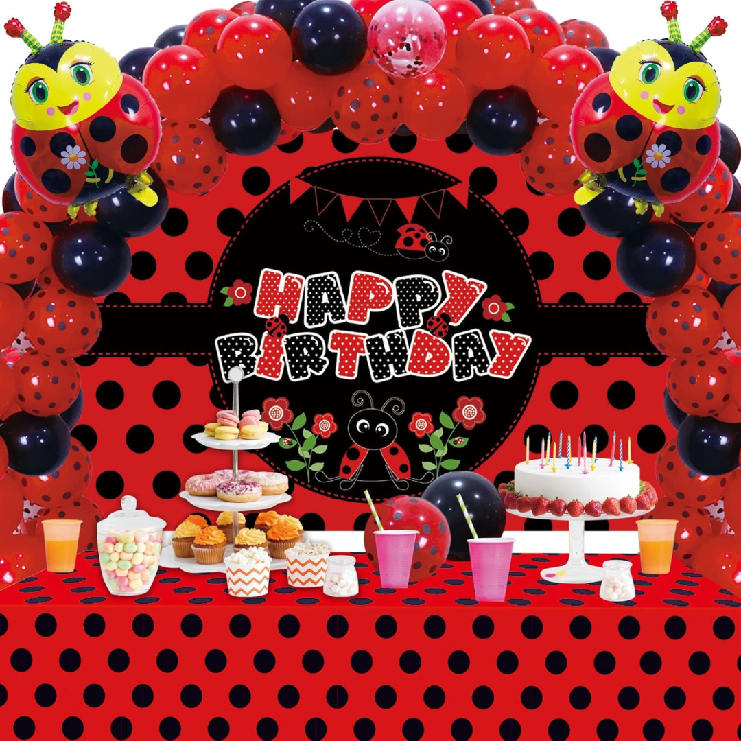 66pcs Red Ladybug Birthday Decorations with Backdrop and Table Cover