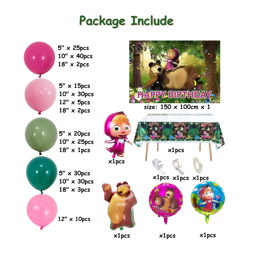 247pcs Masha and the Bear Birthday Decorations with Backdrop and Table Cover