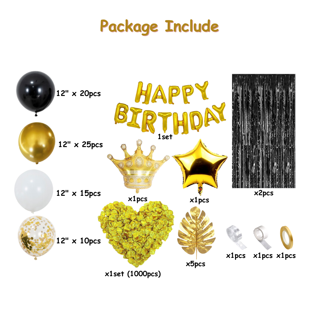 84pcs Black and Gold Birthday Decorations with Banner, Foil Curtains, Gold Rose Petals and Gold Leaves