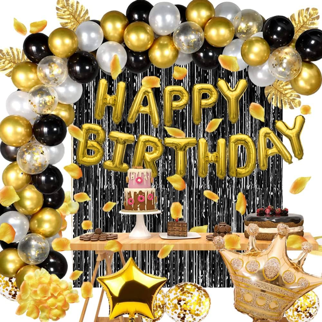 84pcs Black and Gold Birthday Decorations with Banner, Foil Curtains, Gold Rose Petals and Gold Leaves
