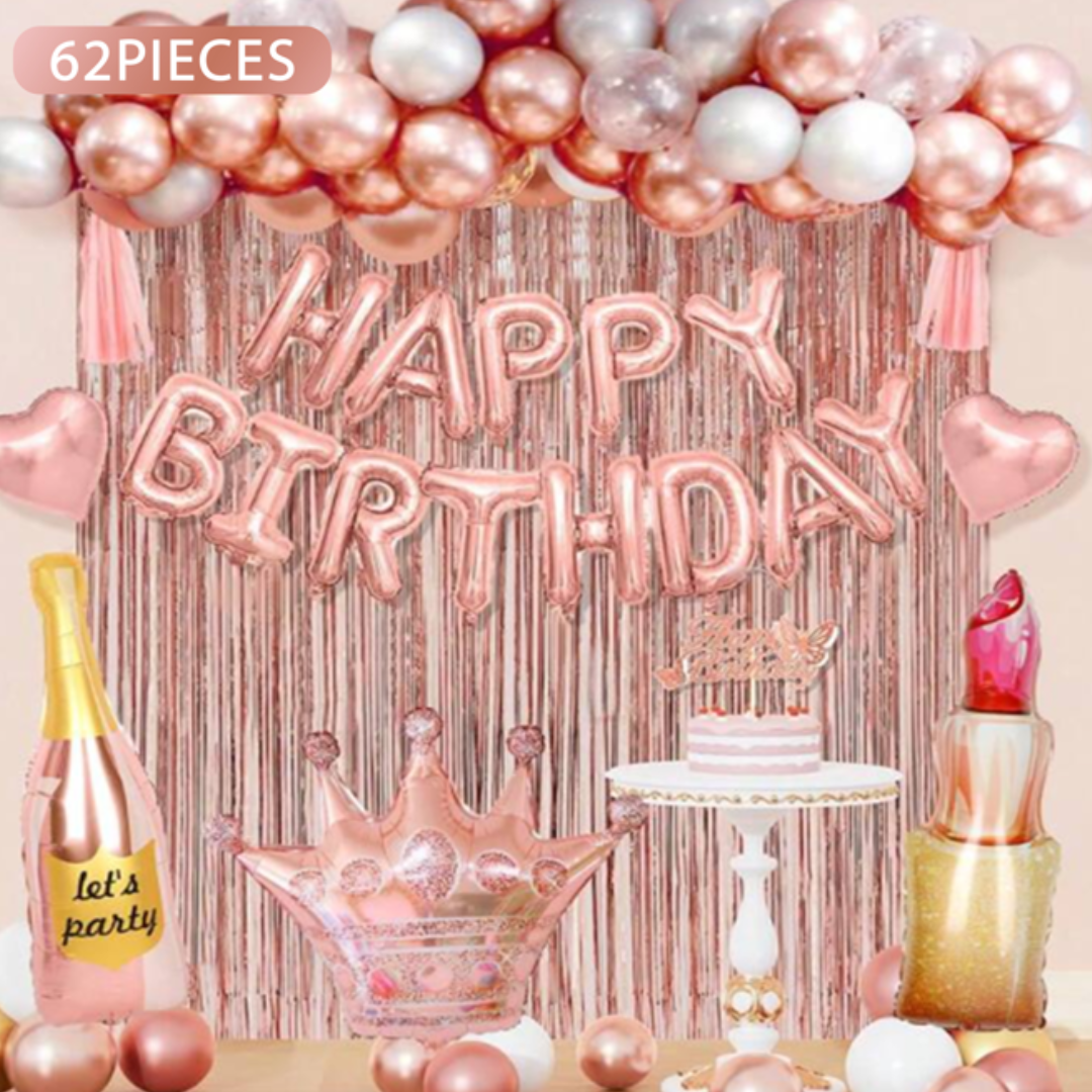62pcs Rose Gold Birthday Decorations with Banner and Foil Curtains