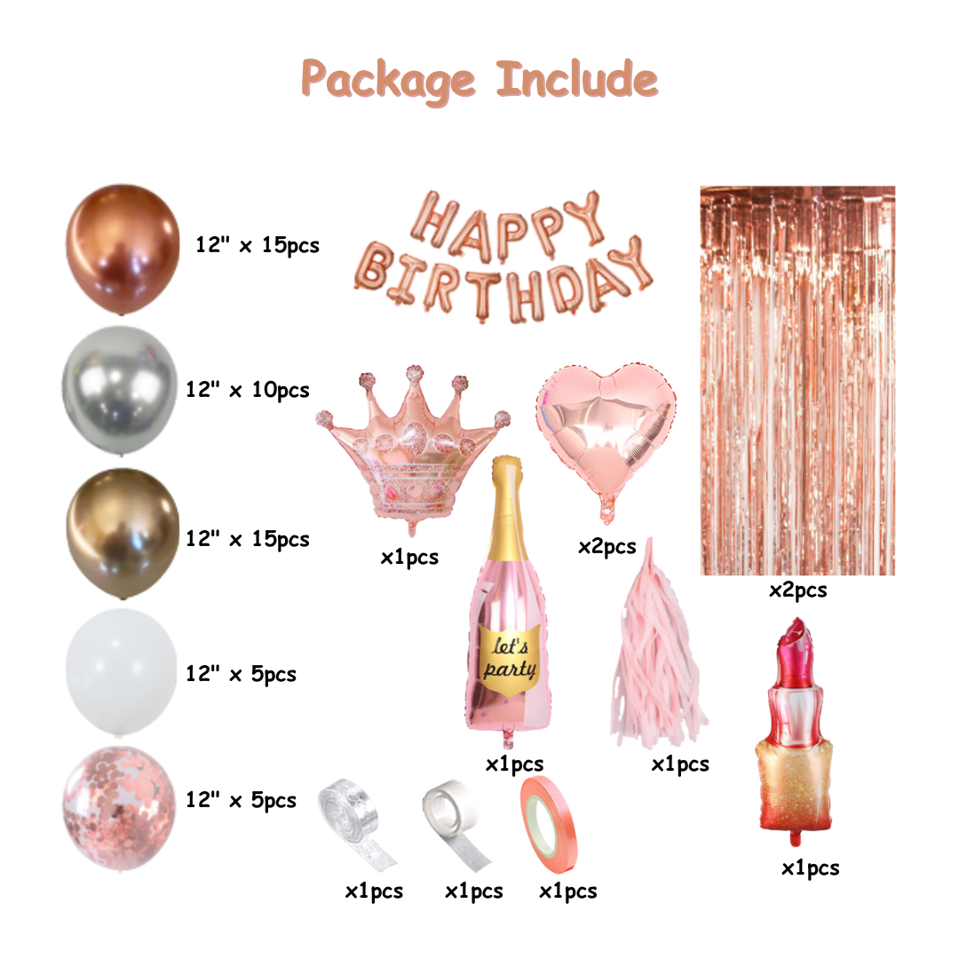 62pcs Rose Gold Birthday Decorations with Banner and Foil Curtains
