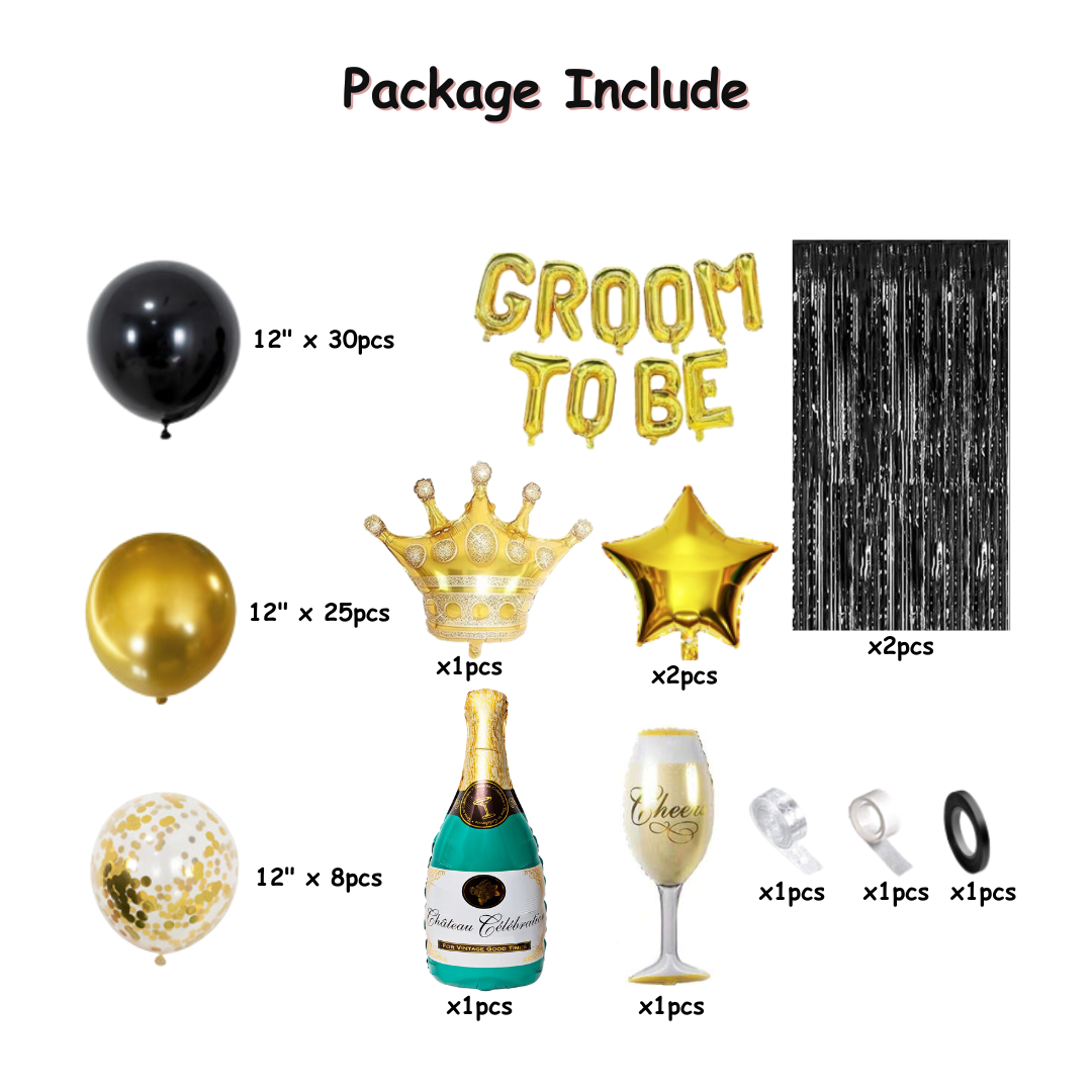 74pcs Black and Gold Groom to be Decorations Kit with Banner and Foil Curtains