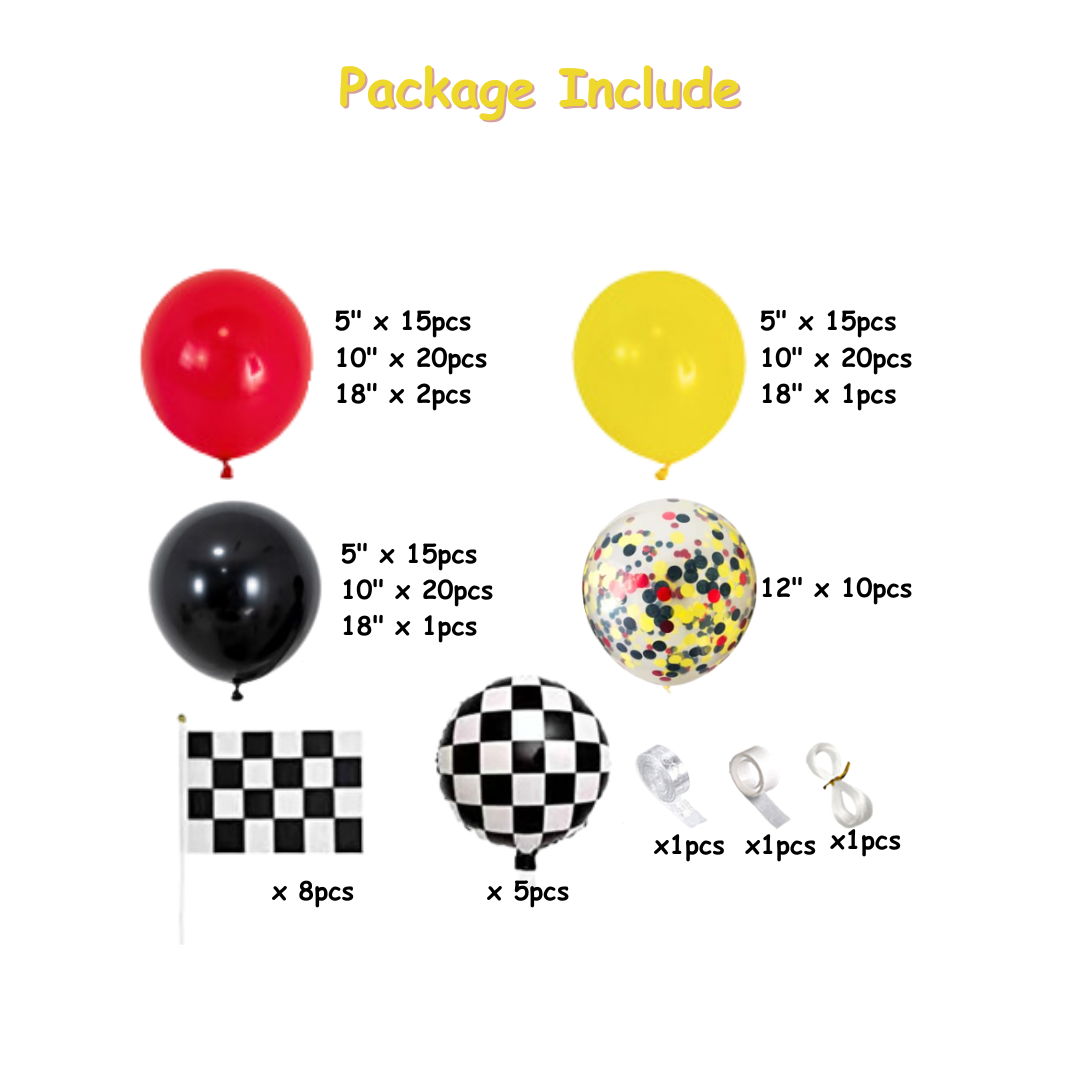135pcs Red and Yellow Racing Car Balloon Decorations Kit with Flag