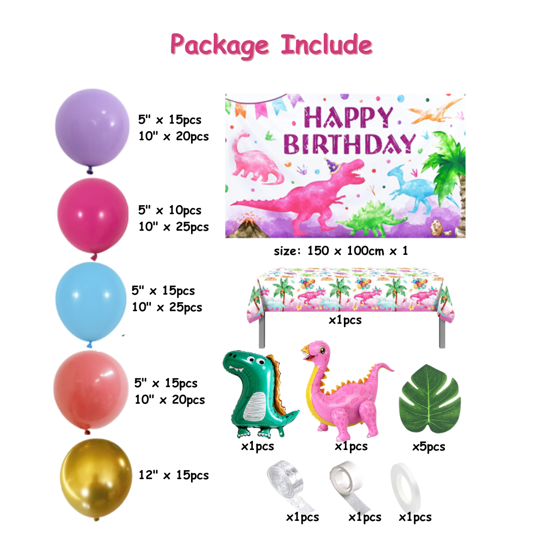 177pcs Pink Dinosaur Birthday Decoration Kit with Backdrop and Table Cover