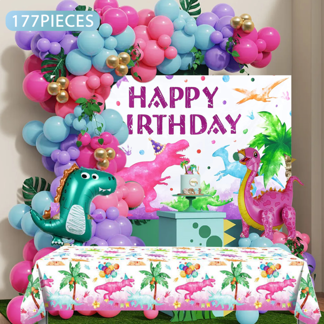177pcs Pink Dinosaur Birthday Decoration Kit with Backdrop and Table Cover