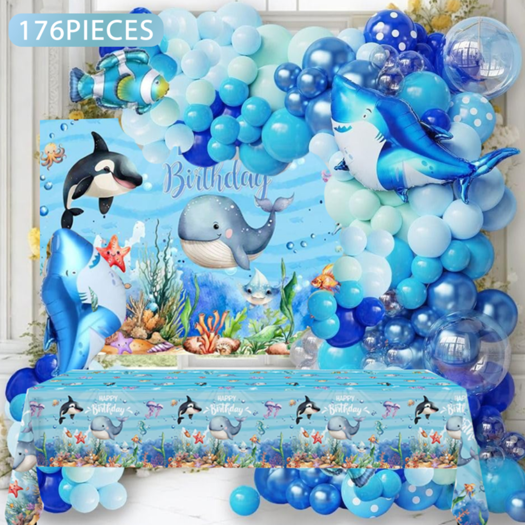 177pcs Ocean Theme Birthday Decoration Kit with Backdrop and Table Cover