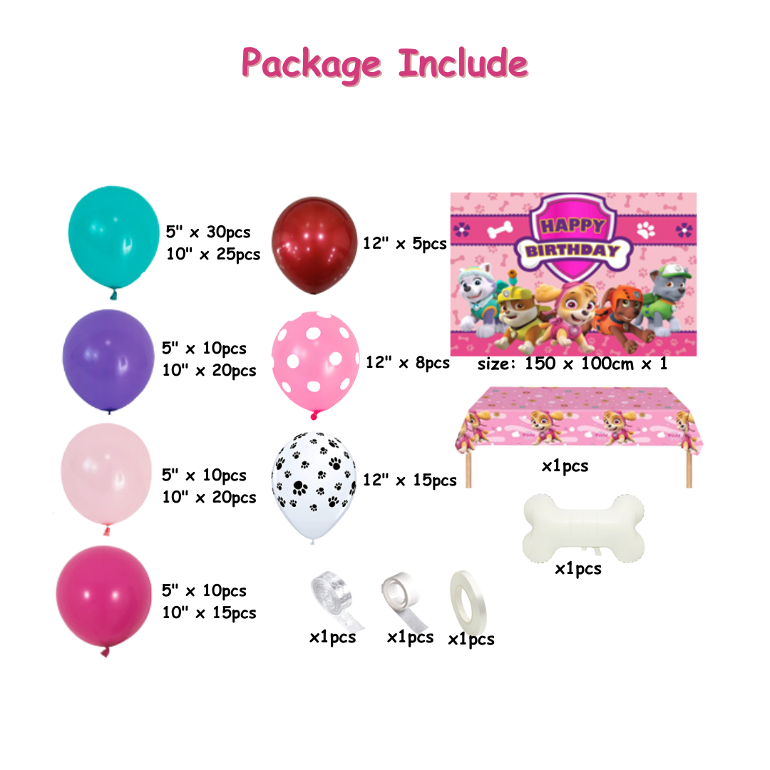 174pcs Pink Girl Paw Patrol Birthday Balloon Decoration Garland Kit with Backdrop and Table Cover