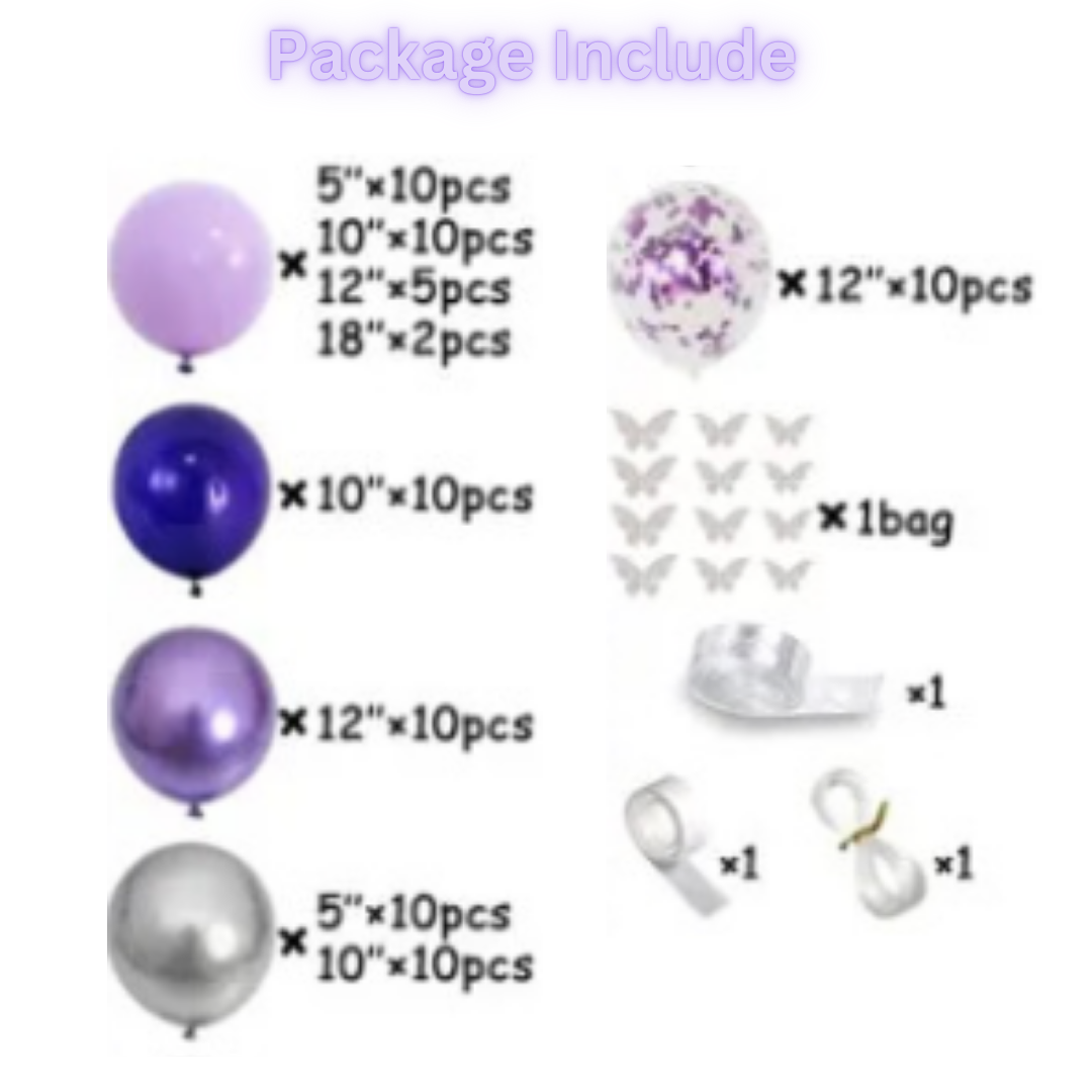 92pcs Purple and Silver Balloon Butterfly Decorations Kit