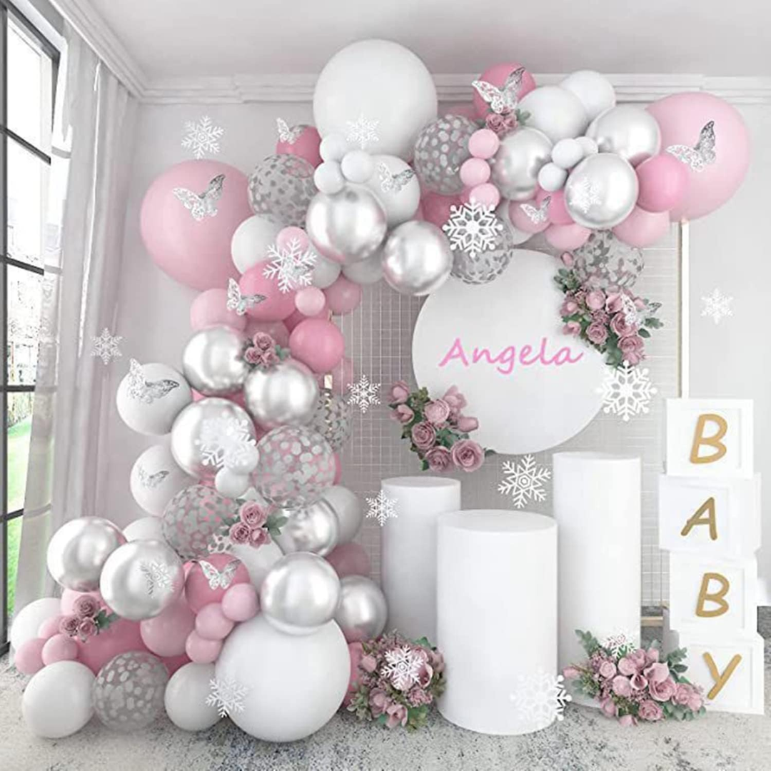 133pcs Pink and Silver Butterfly Balloon Decorations Kit