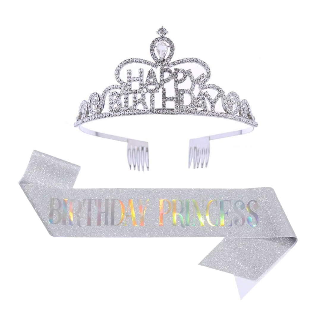 Silver Birthday Princess Sash & Crown Set