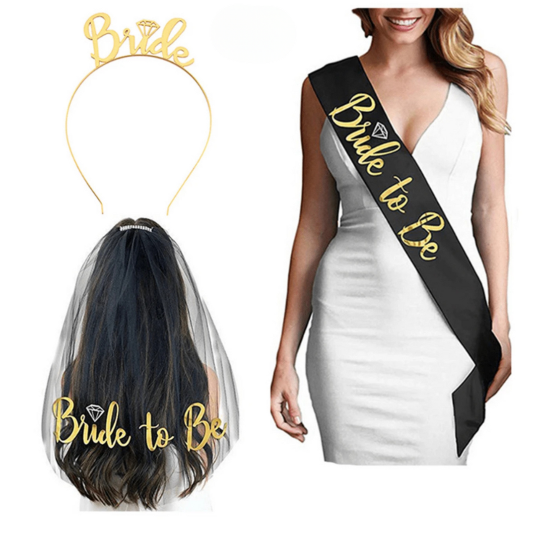 Black and Gold Bride to be Crown and Sash Set
