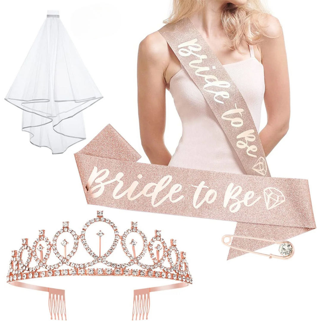 Rose Gold Bride to be Party Sash, Crown and Veil Set