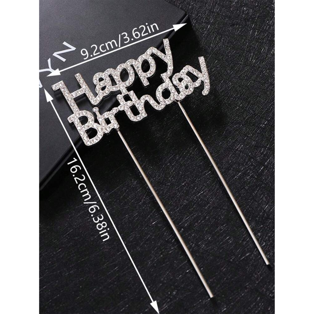 Silver Rhinestone Happy Birthday Cake Topper
