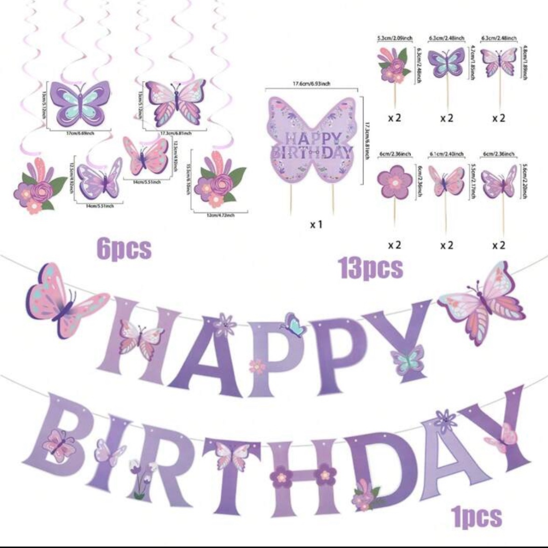 20pcs Purple Butterfly Theme Banner Decoration Set