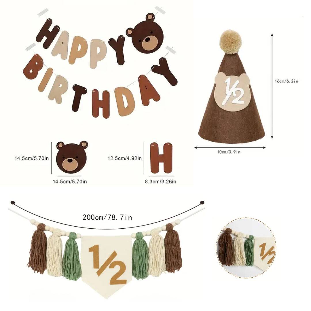 3pcs Bear Theme 1/2 Birthday Highchair Banner, Bunting and Hat