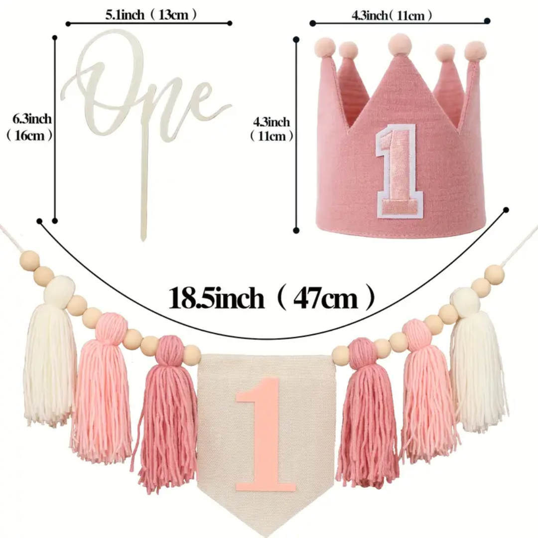 3pcs One first Pink Birthday Banner, Hat and Cake Topper