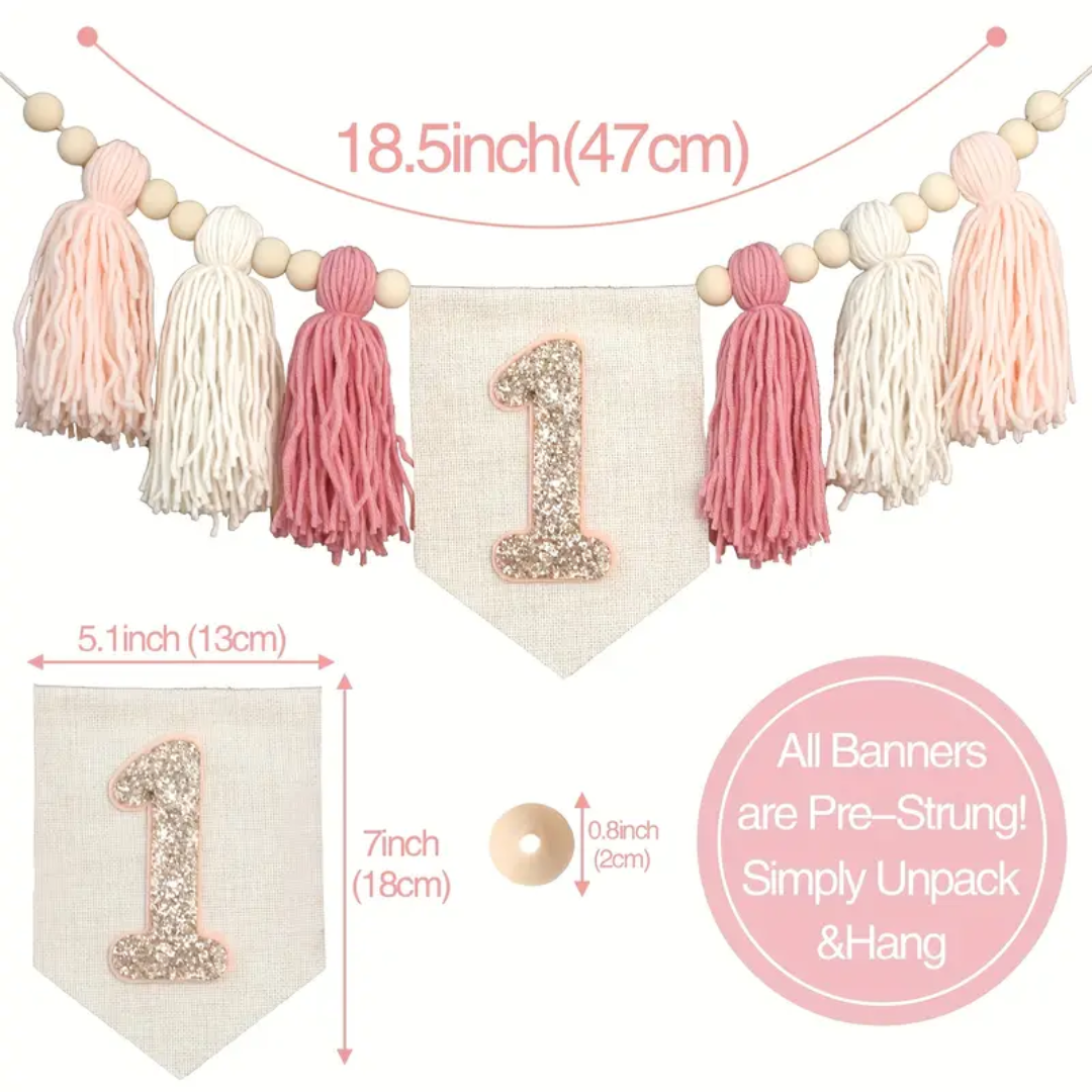 3pcs Bohemian One first Birthday Decoration with Wooden Beads