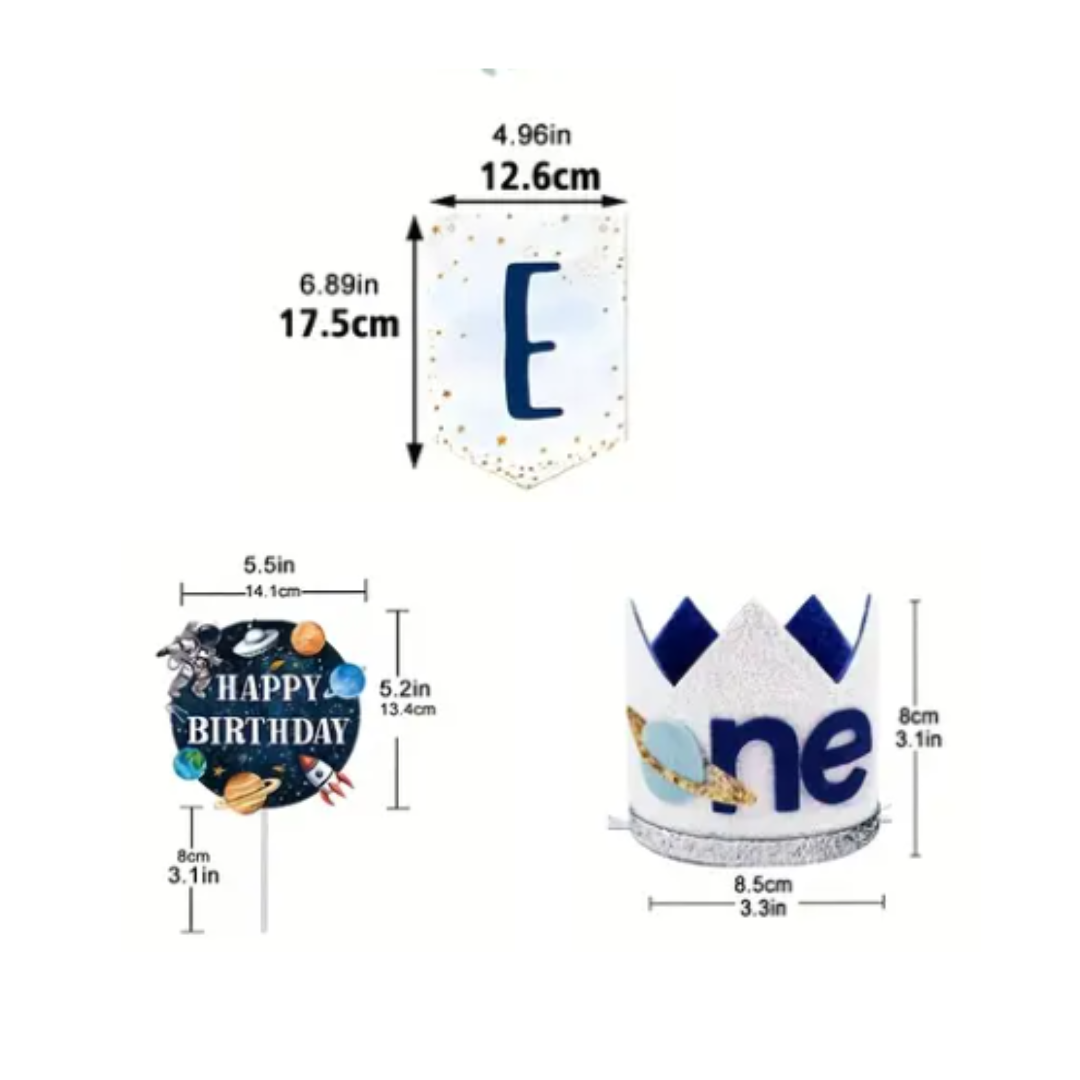 Outer Space Theme 1st Happy Birthday One Highchair Banner Cake Topper and Hat