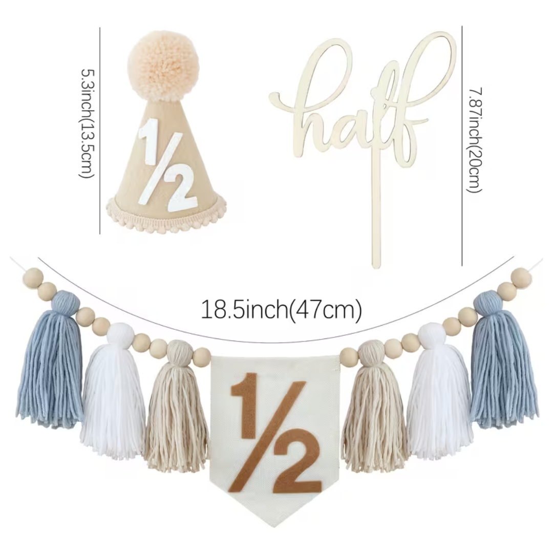 3pcs 1/2 Khaki and Blue birthday Decoration Half Cake Topper 1/2 Cone Hat and 1/2 Tassel HighChair Banner