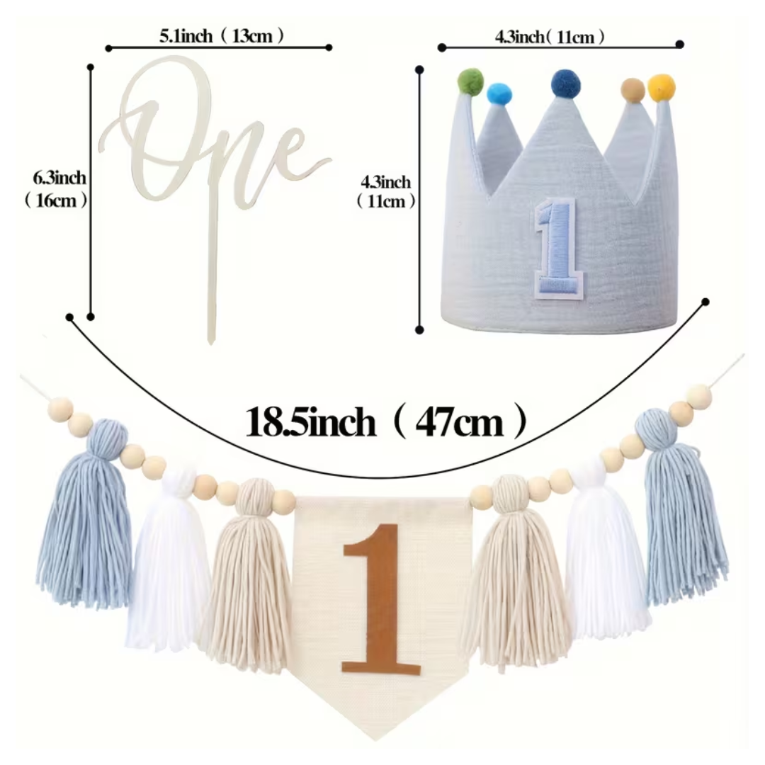 3pcs Boho Blue, White, Beige Tassel Highchair Banner with One Cake Topper and Blue Crown Hat for One Birthday