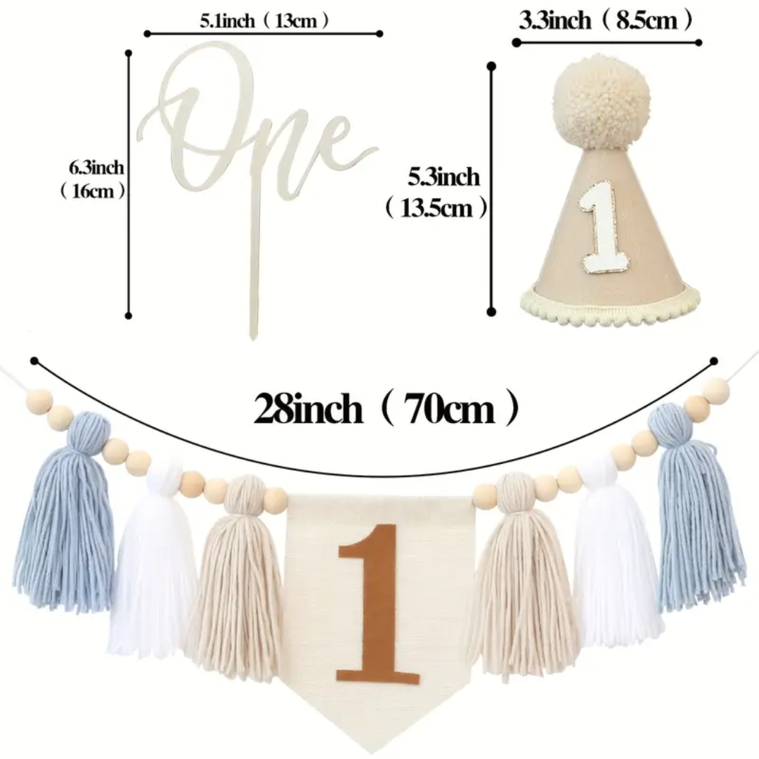 3pcs Boho one First Birthday Decoration with Wooden Bead banner and Hat