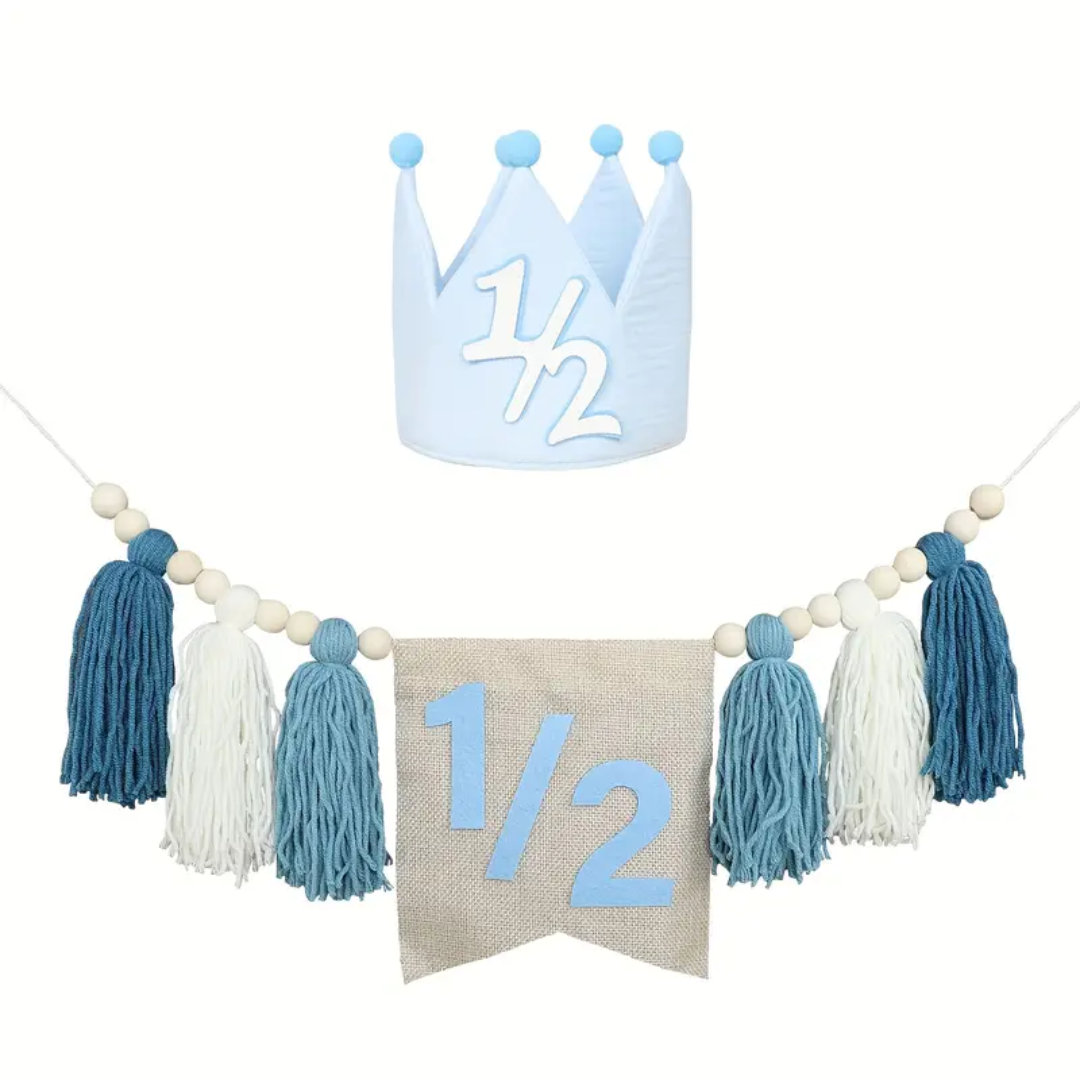 2pcs 1/2 Year Birthday Party Decor Kit with Blue Crown and Banner