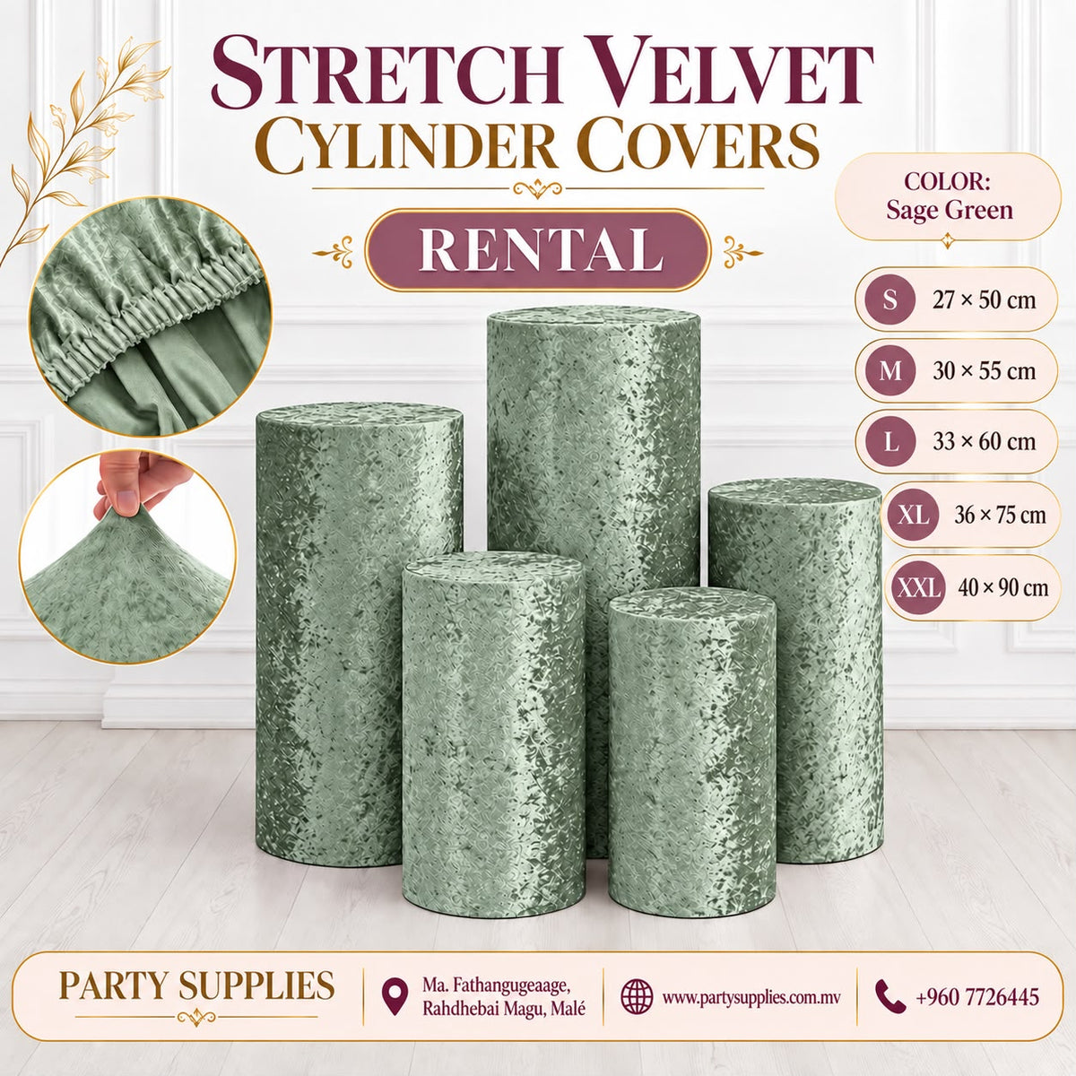 Sage Green Stretch Velvet Cylinder Covers for RENT