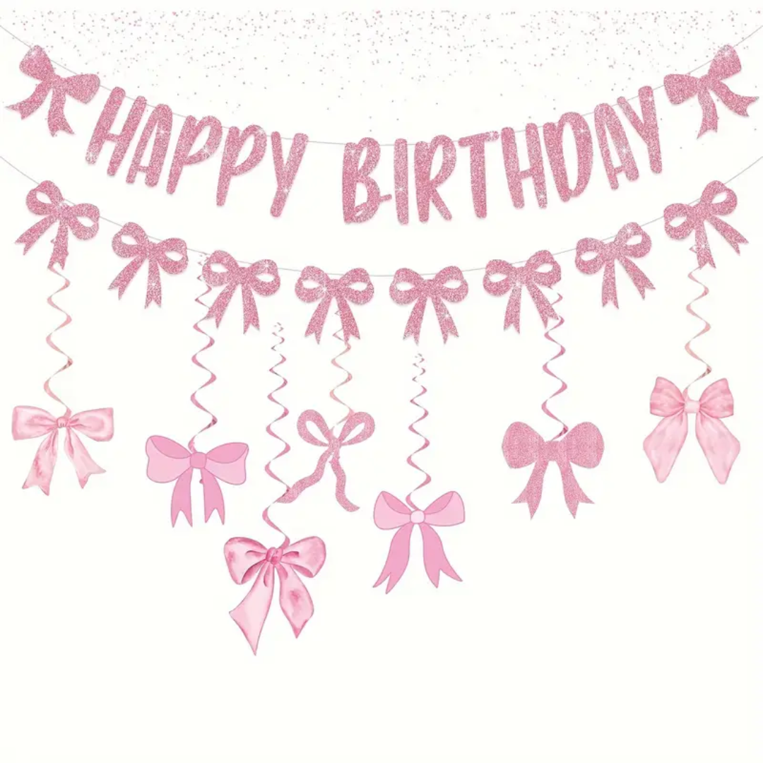 Pink Bow Happy Birthday Banner with 7pcs Swirls and Bunting